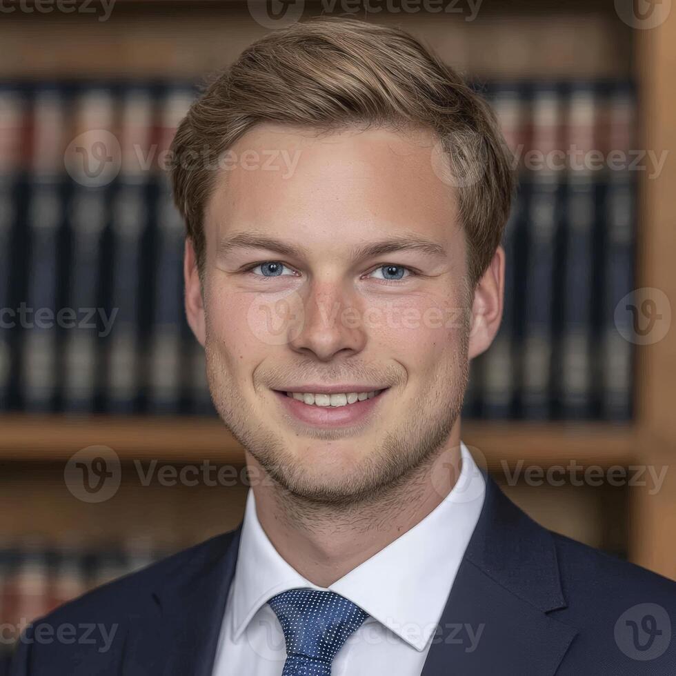 Portrait Of A Smiling Young Man In A Blue Suit Against A Bookshelf photo