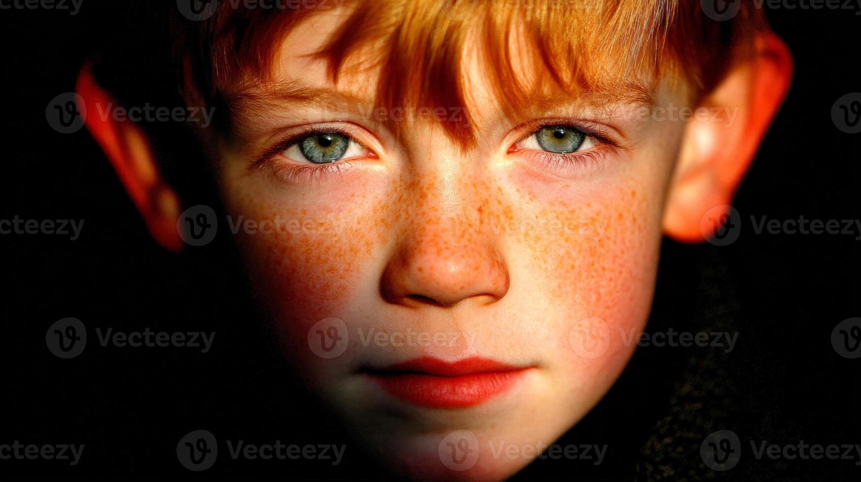 Close Up Portrait of a Young Boy with Red Hair and Freckles Soft Dreamy Lighting photo