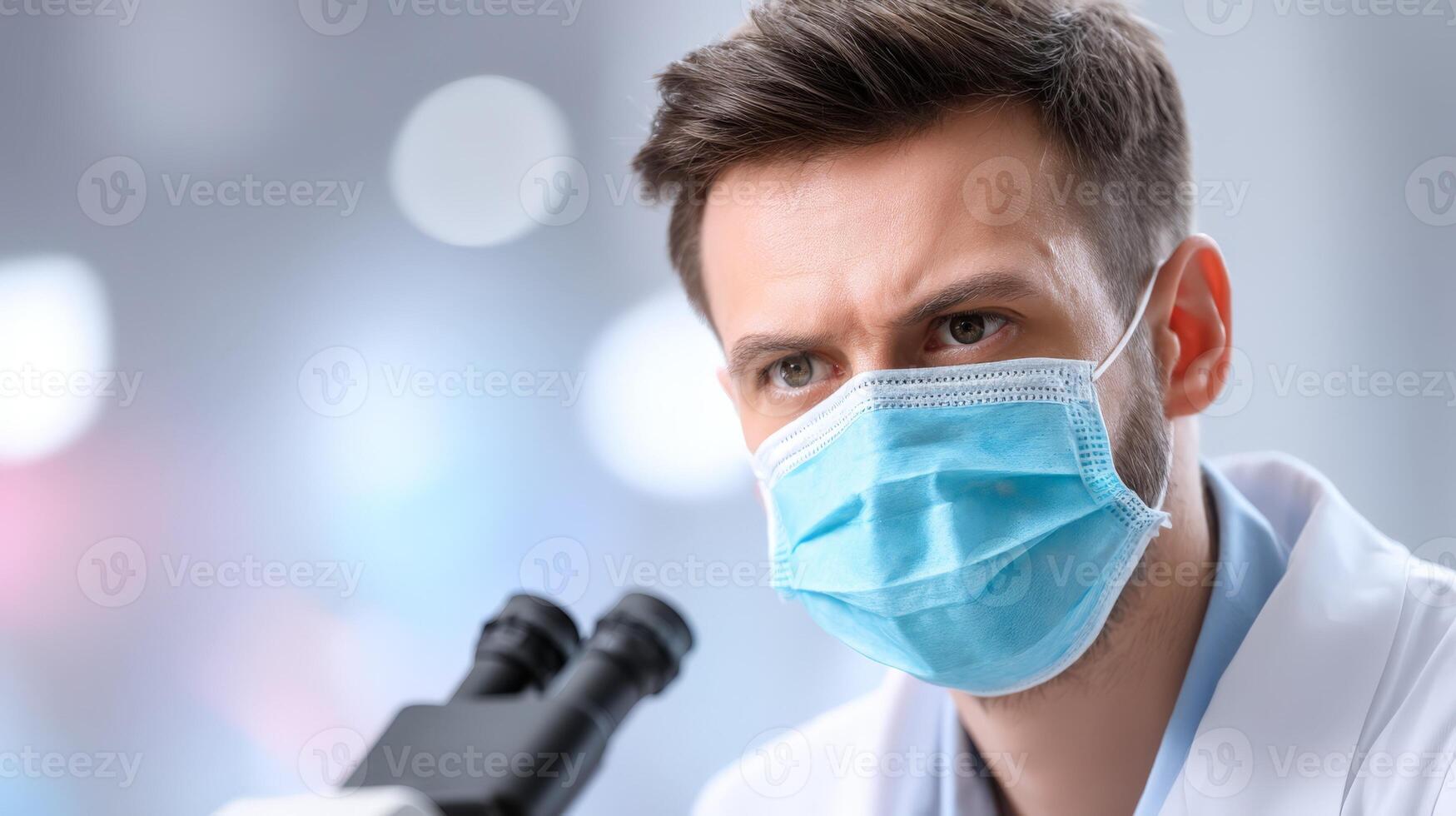 Focused Male Scientist Examining Microscope Slide in a Laboratory photo