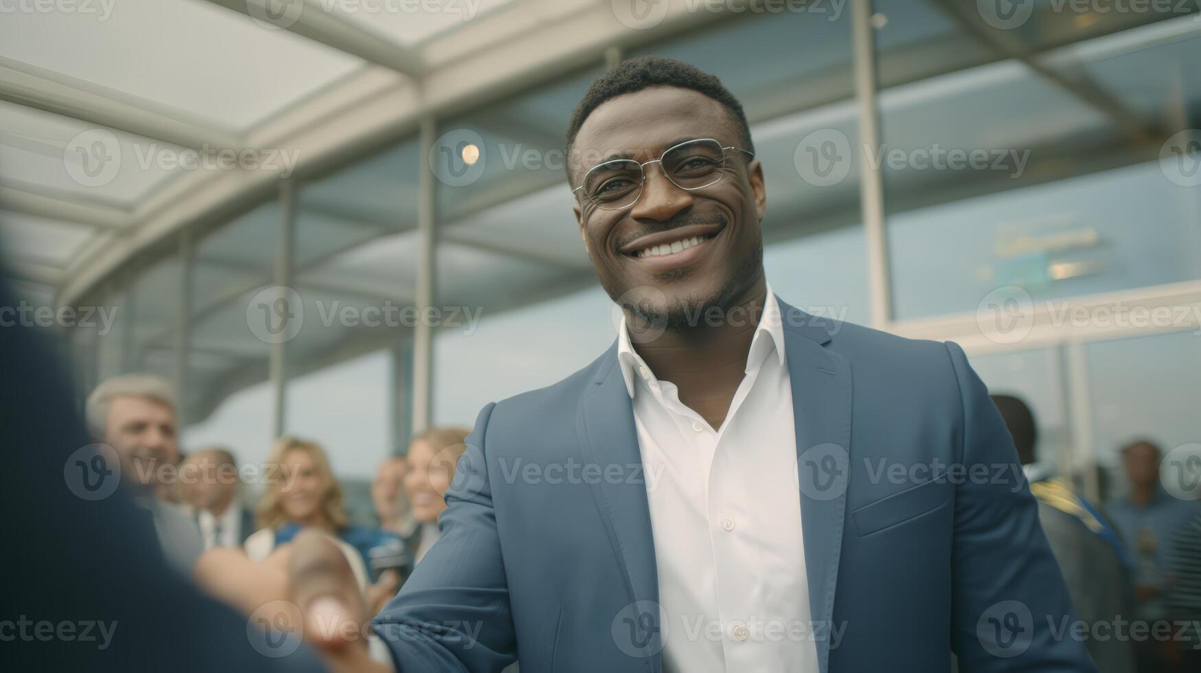Smiling Businessman in Blue Suit Shakes Hands with Client Outdoors photo