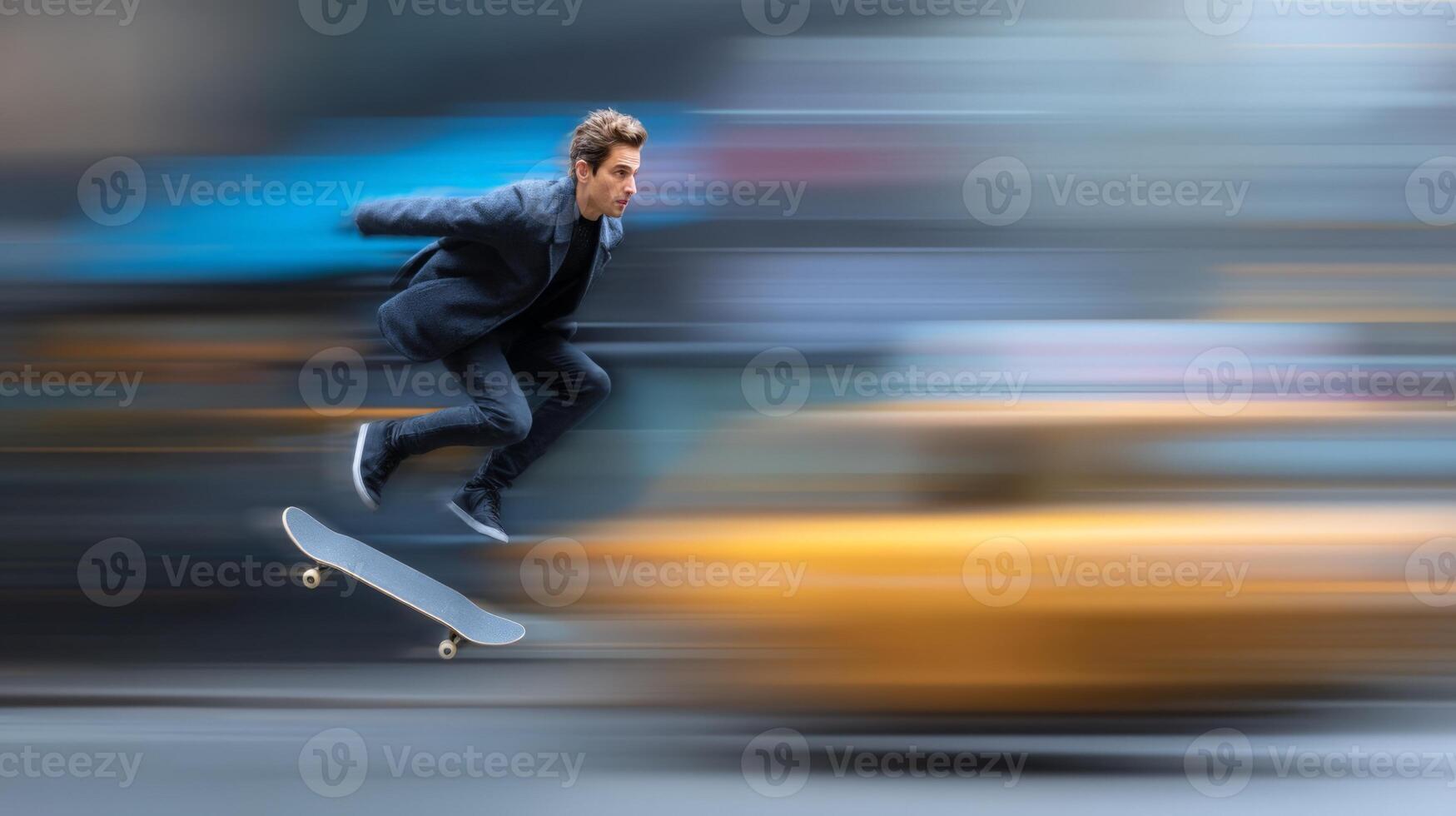 Dynamic Street Photography of a Skateboarder in Motion Blur photo