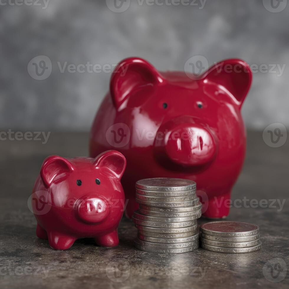 Red Piggy Banks and Stack of Coins on Dark Surface photo