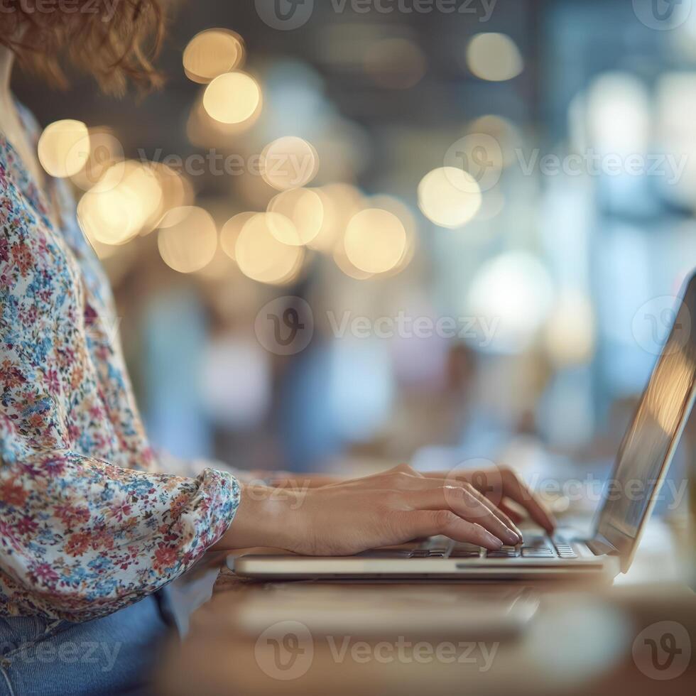 Person Typing on a Laptop in a Cafe photo