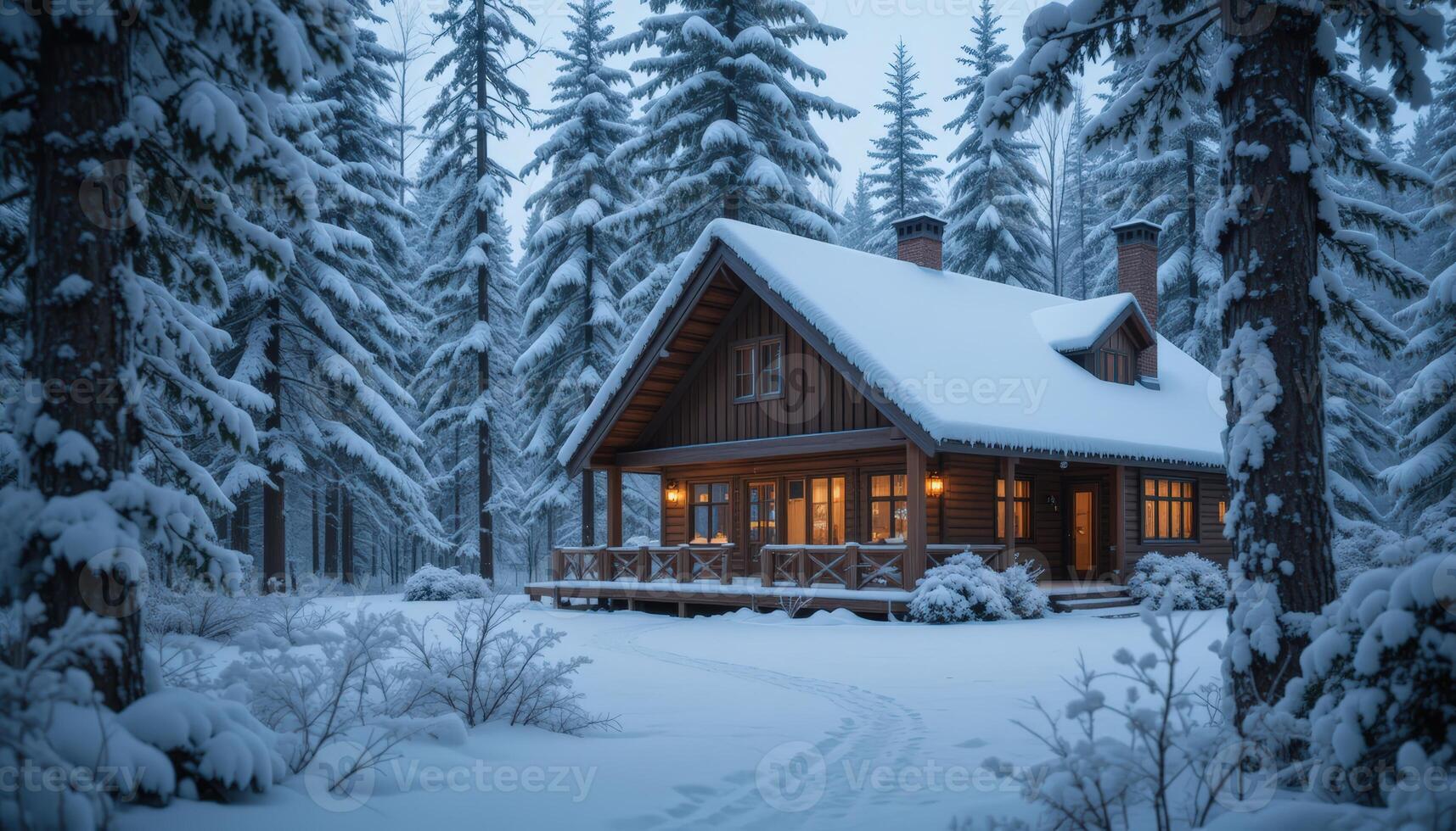 Rustic Cabin in a Snowy Forest at Dusk photo