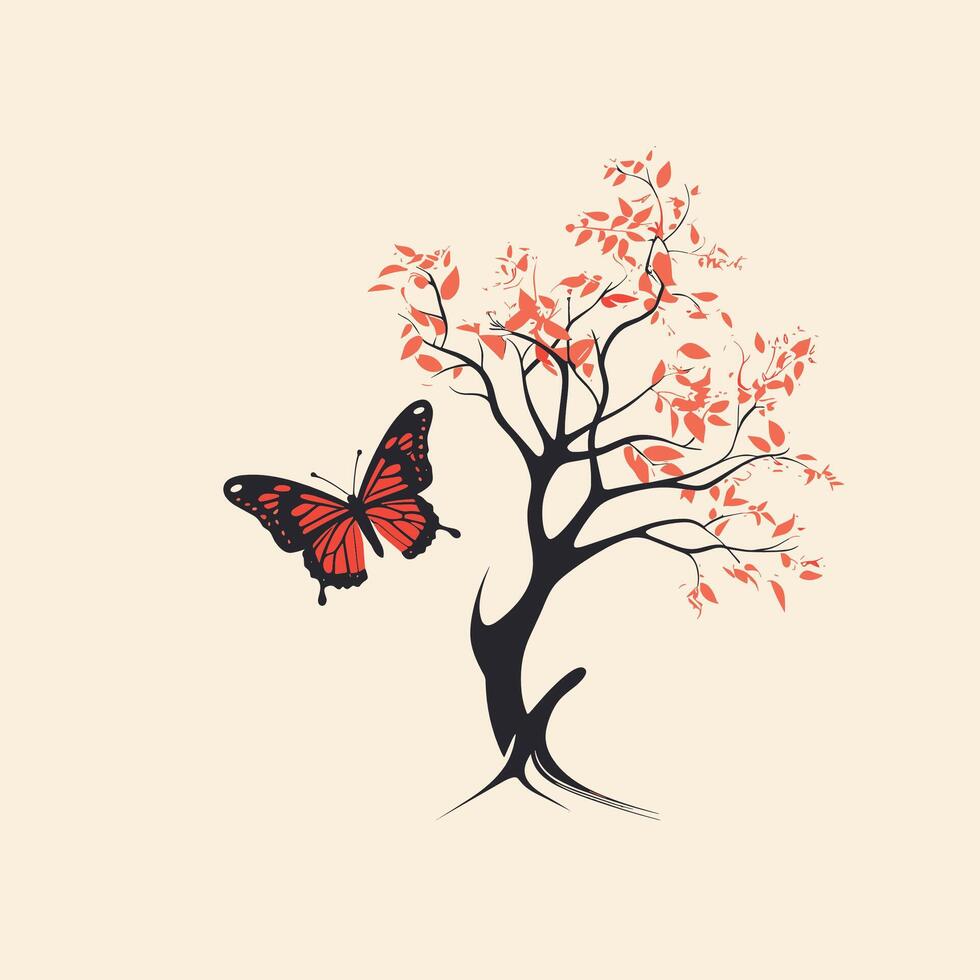A red butterfly is flying over a tree with red leaves vector