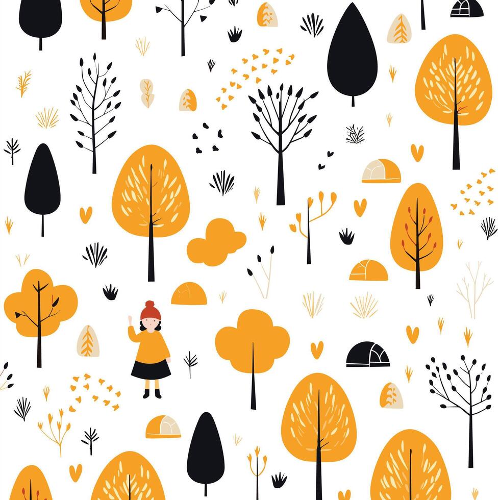 A pattern with trees, trees, and a girl vector