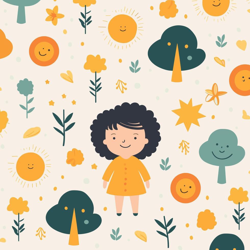 A girl in a yellow dress and sun is surrounded by trees and other objects vector