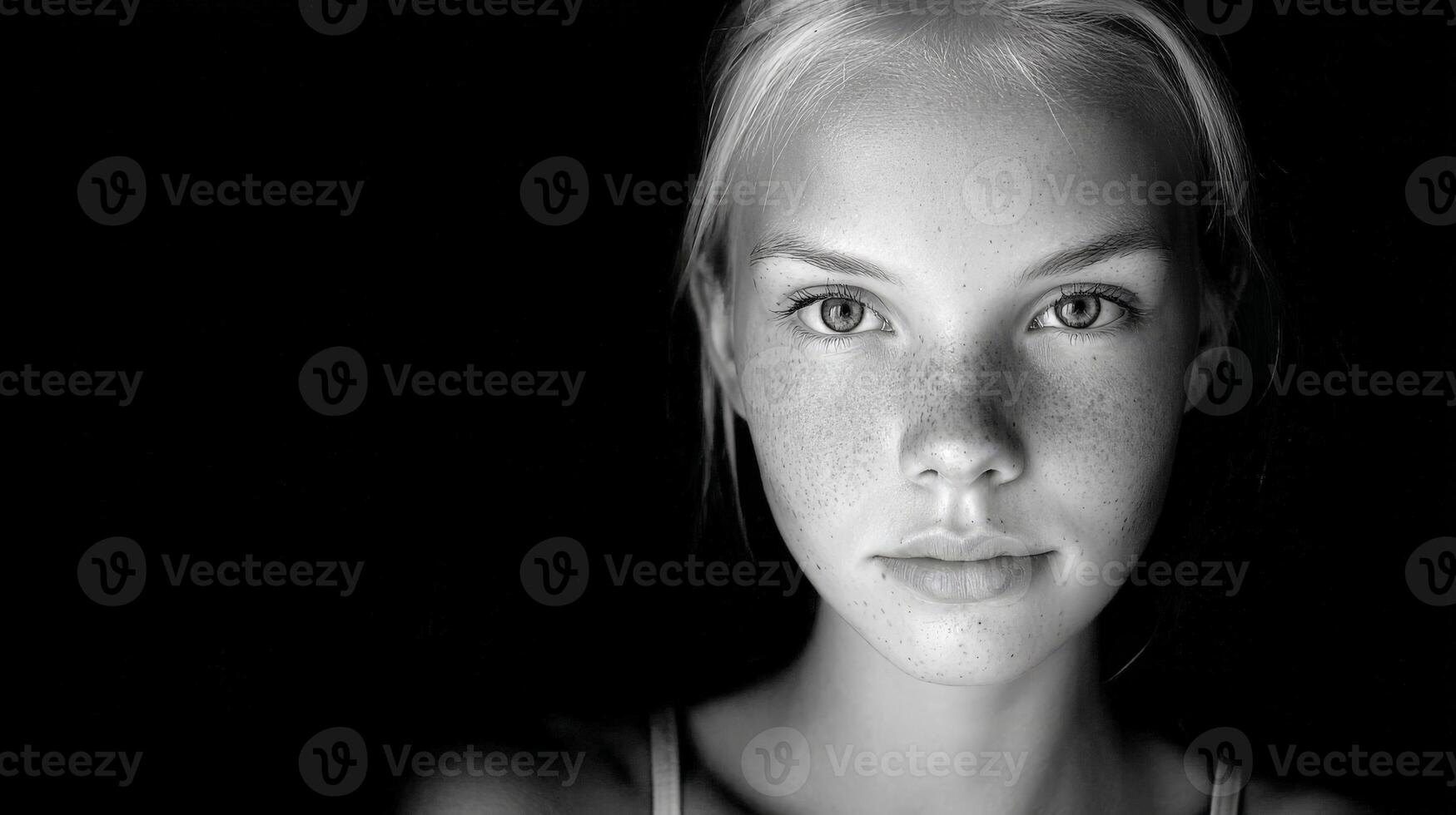 Dramatic Black And White Portrait Of A Young Woman With Freckles Under Low Key Lighting photo