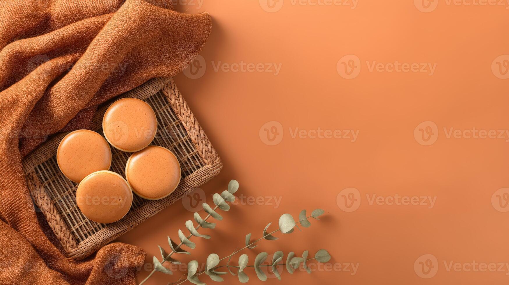 Minimalist Flatlay of Orange Pancakes on a Tray with Knitted Blanket photo