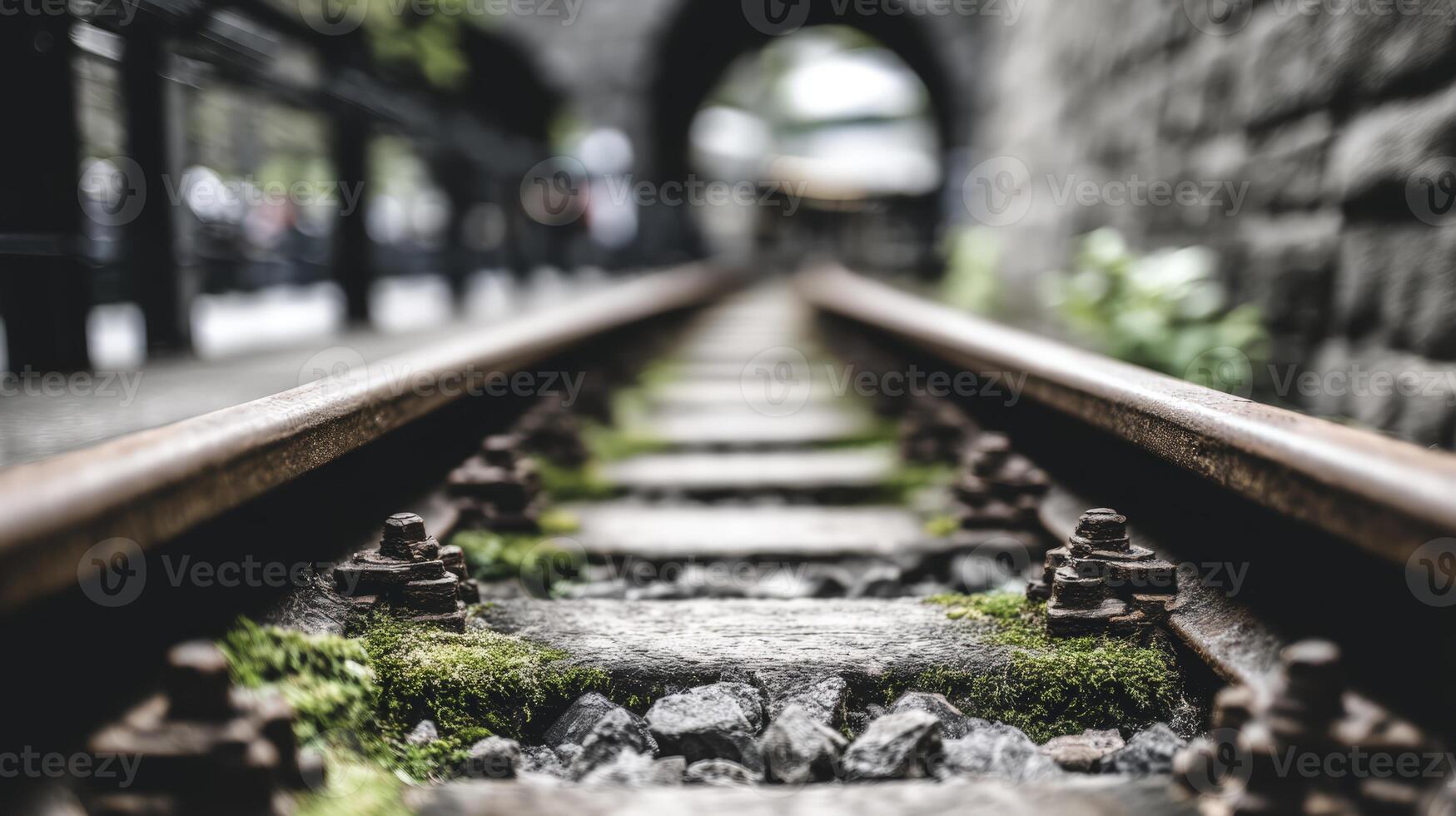 Rusty Train Tracks Disappearing Into A Stone Tunnel photo