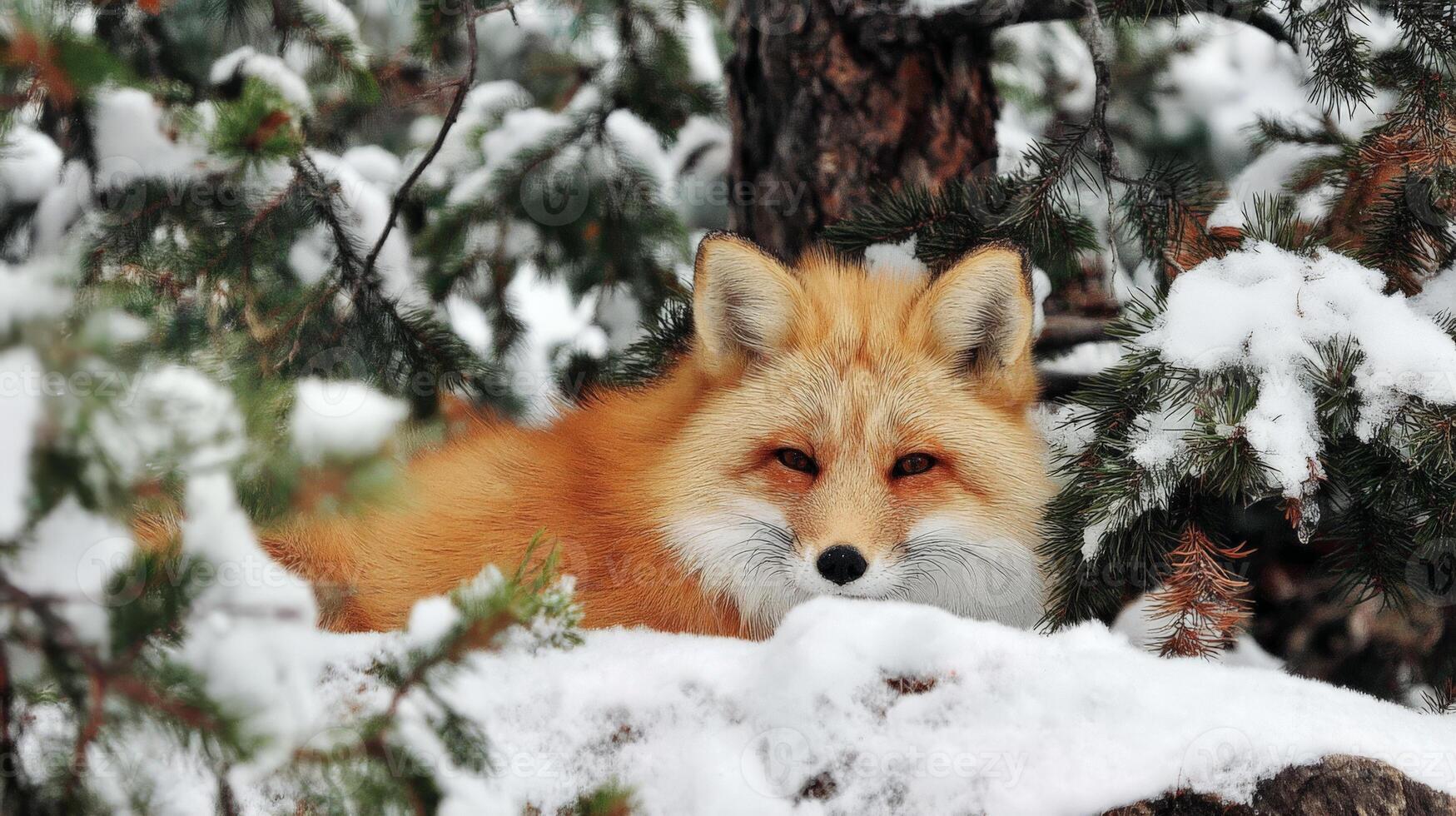 Red Fox Resting in Snowy Winter Forest Telephoto Closeup photo