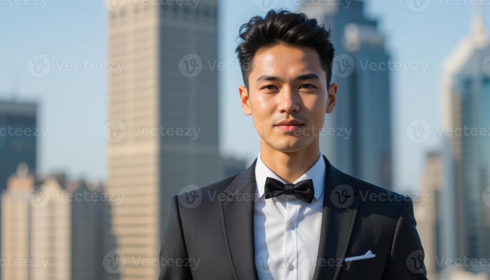 Portrait Of A Young Man In A Formal Suit Against A Cityscape photo