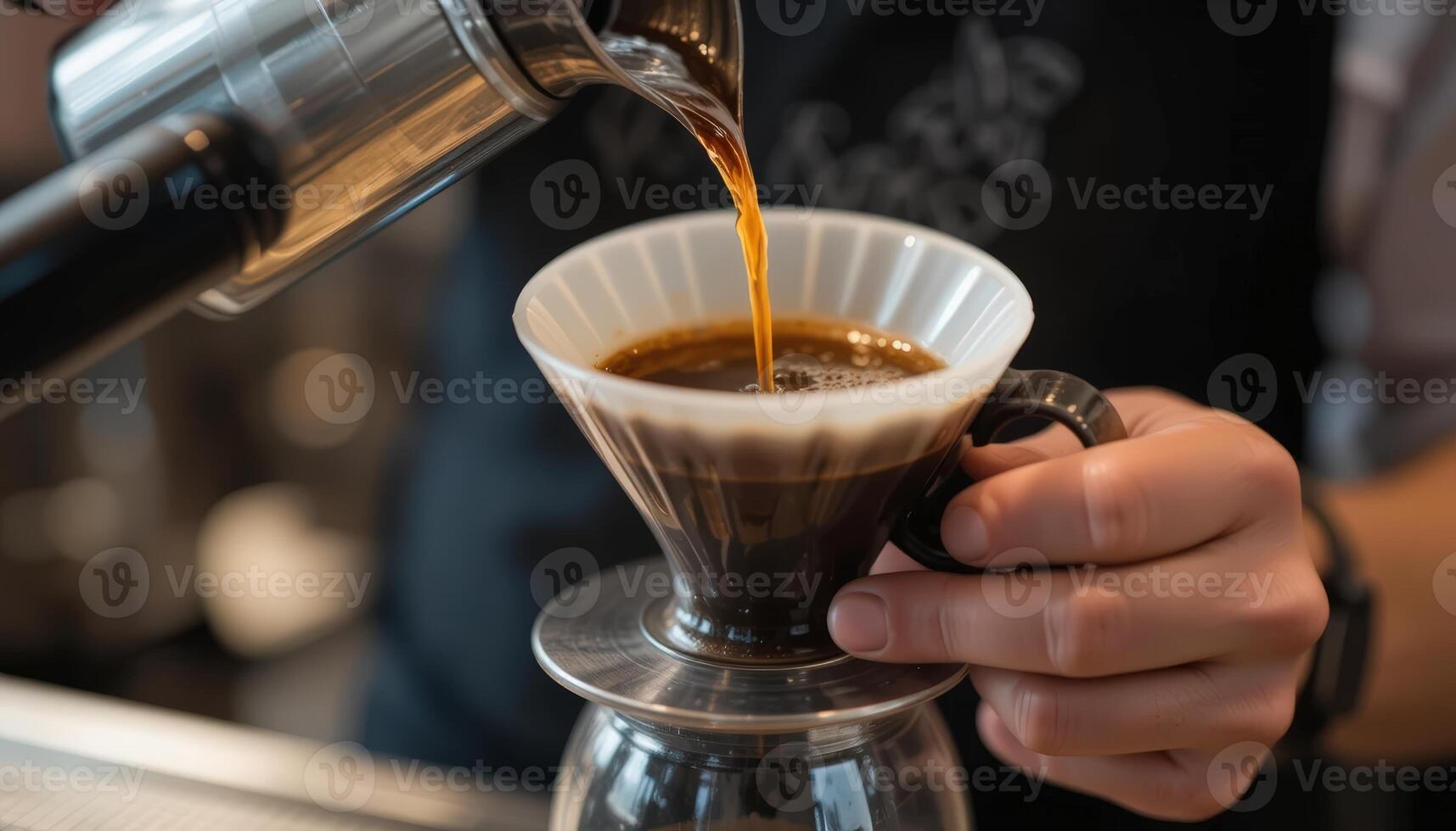 Hands Pouring Coffee Through a Pour Over Filter in a Cafe photo