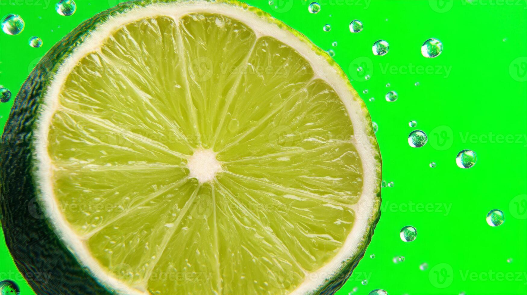 Vibrant Green Lime Slice Macro Shot with Water Drops photo