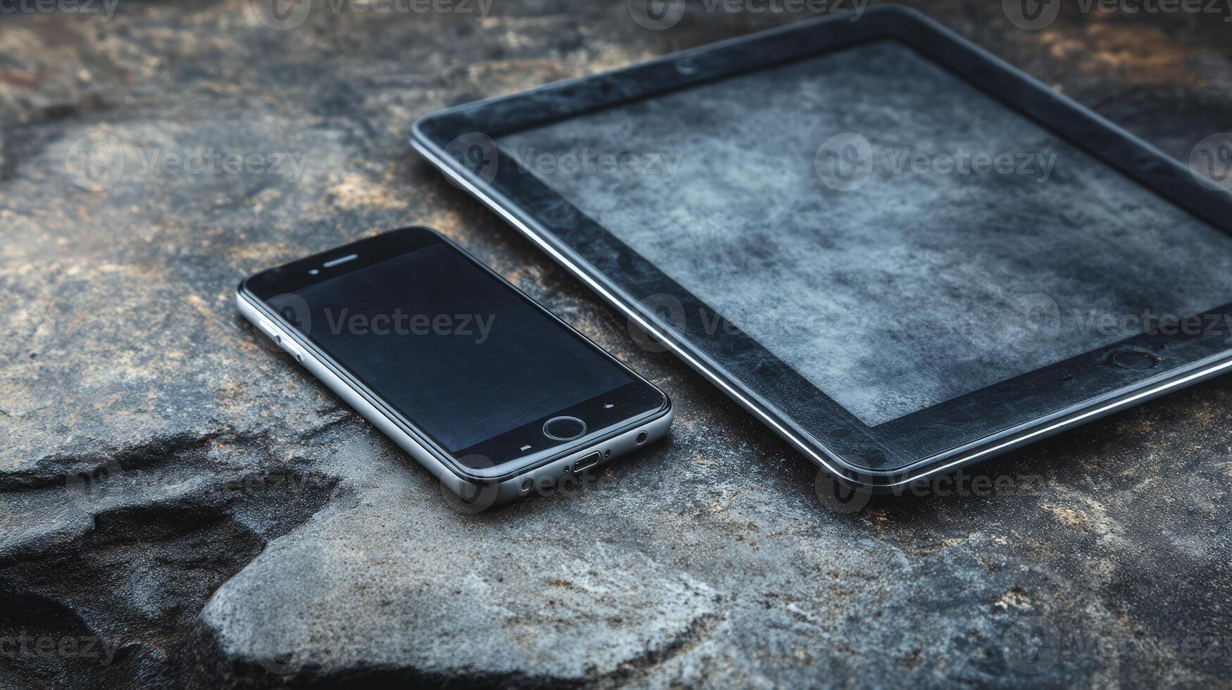 Dark Mobile Phone and Tablet on Textured Stone photo