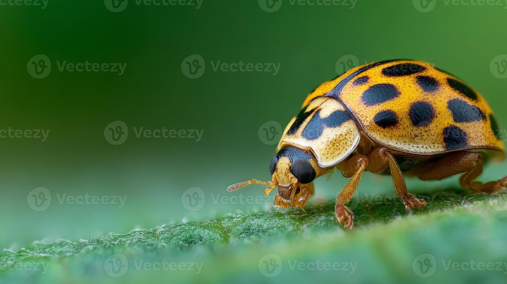 Macro Closeup of Yellow Ladybug on Green Leaf photo