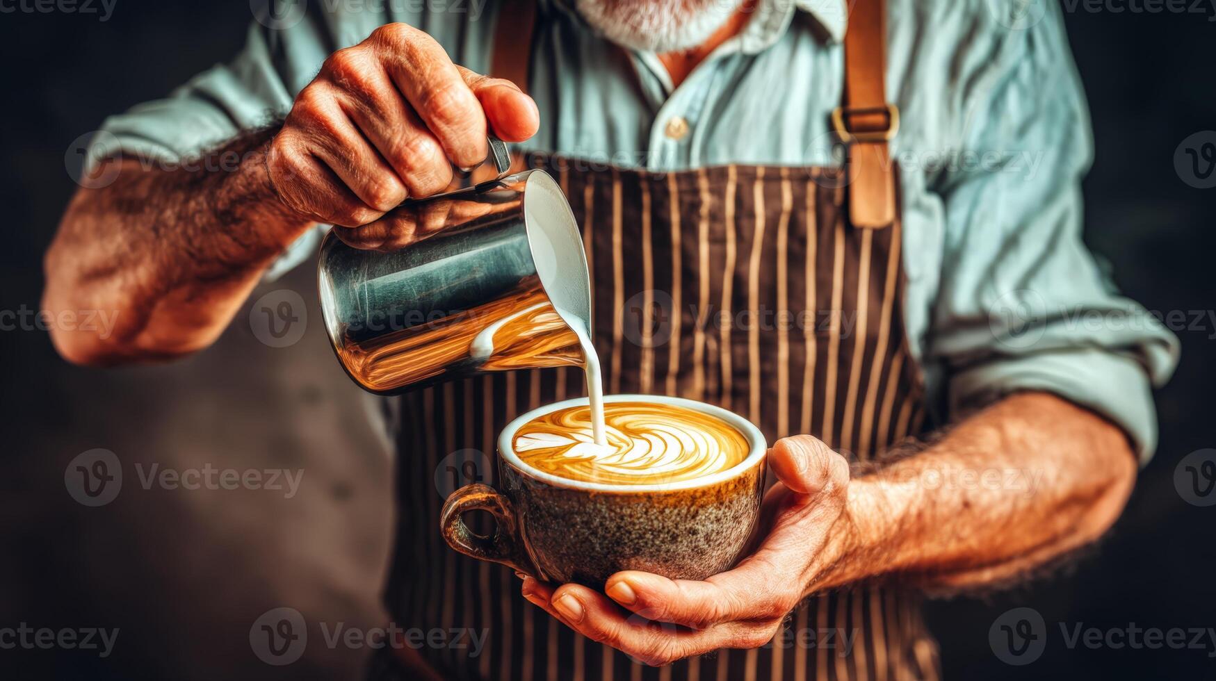Closeup of a Senior Barista's Hands Pouring Latte Art into a Rustic Cup Against a Dark Background photo