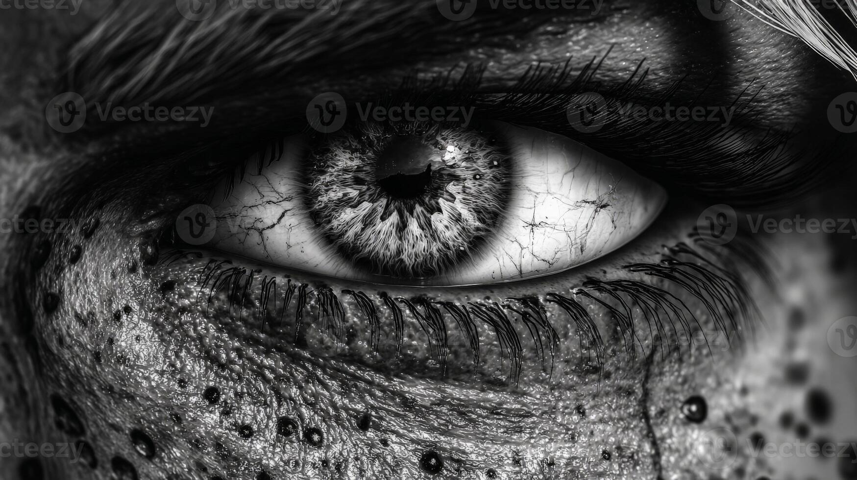 Dramatic Black And White Close Up Of A Human Eye With Textured Skin And Intense Gaze photo