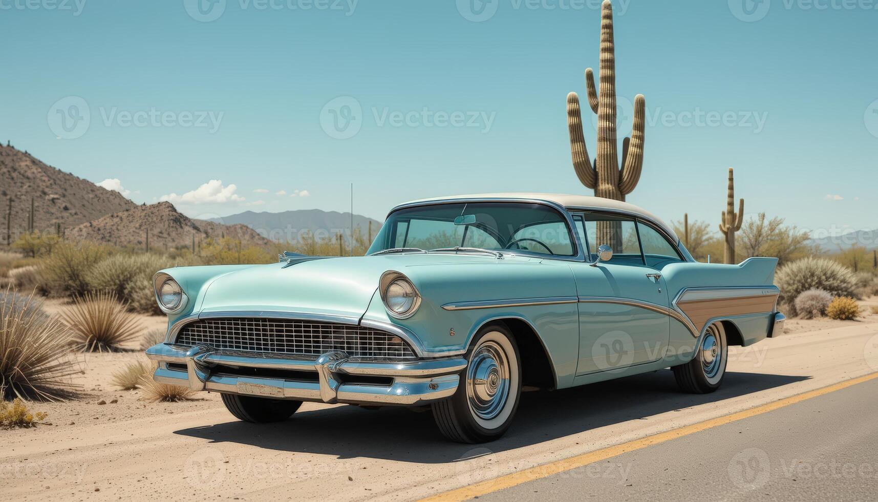 Classic Vehicle on a Desert Road with Cacti photo