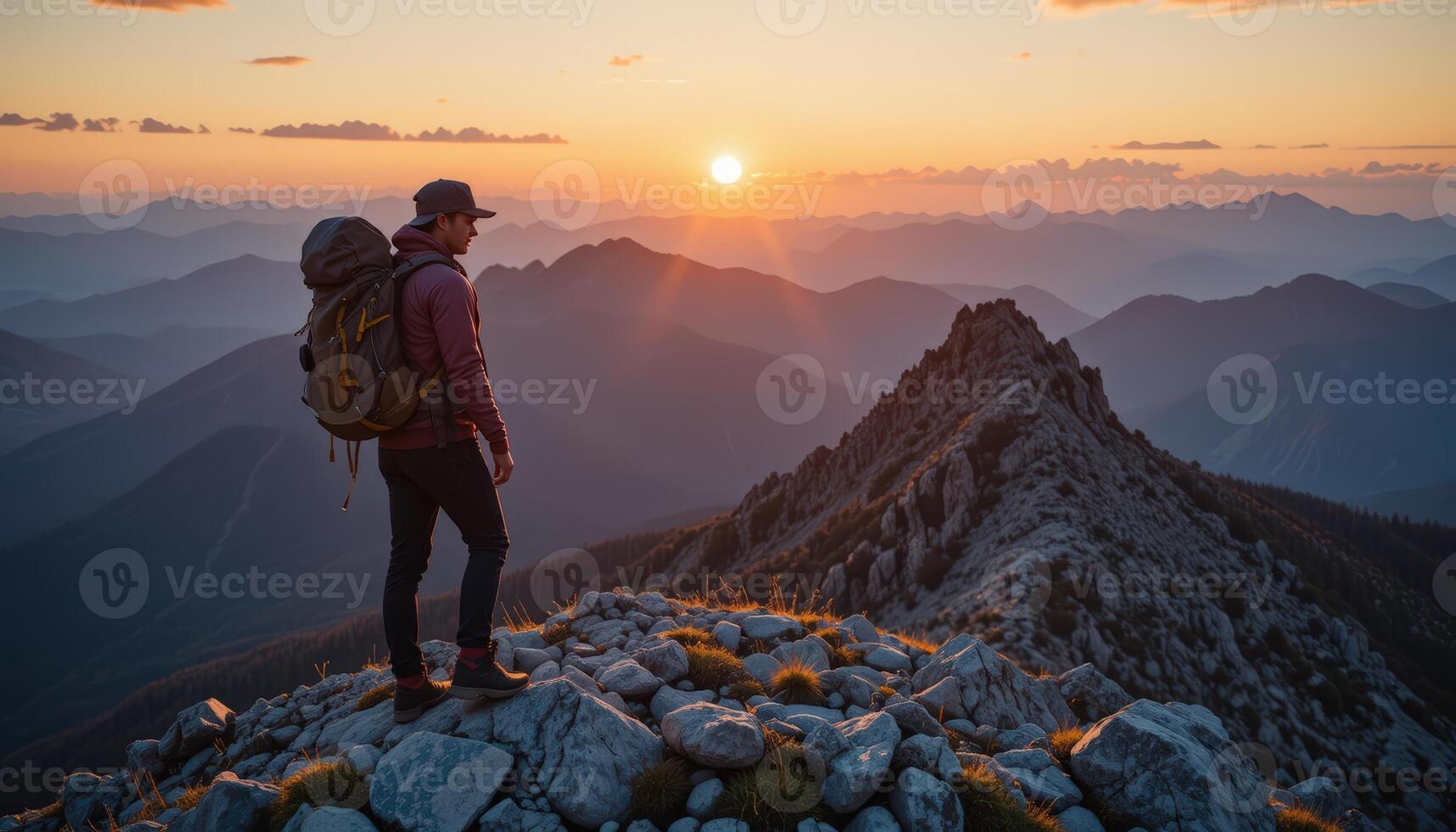 Adventurous Person on Mountain Peak at Sunset, Panoramic View photo