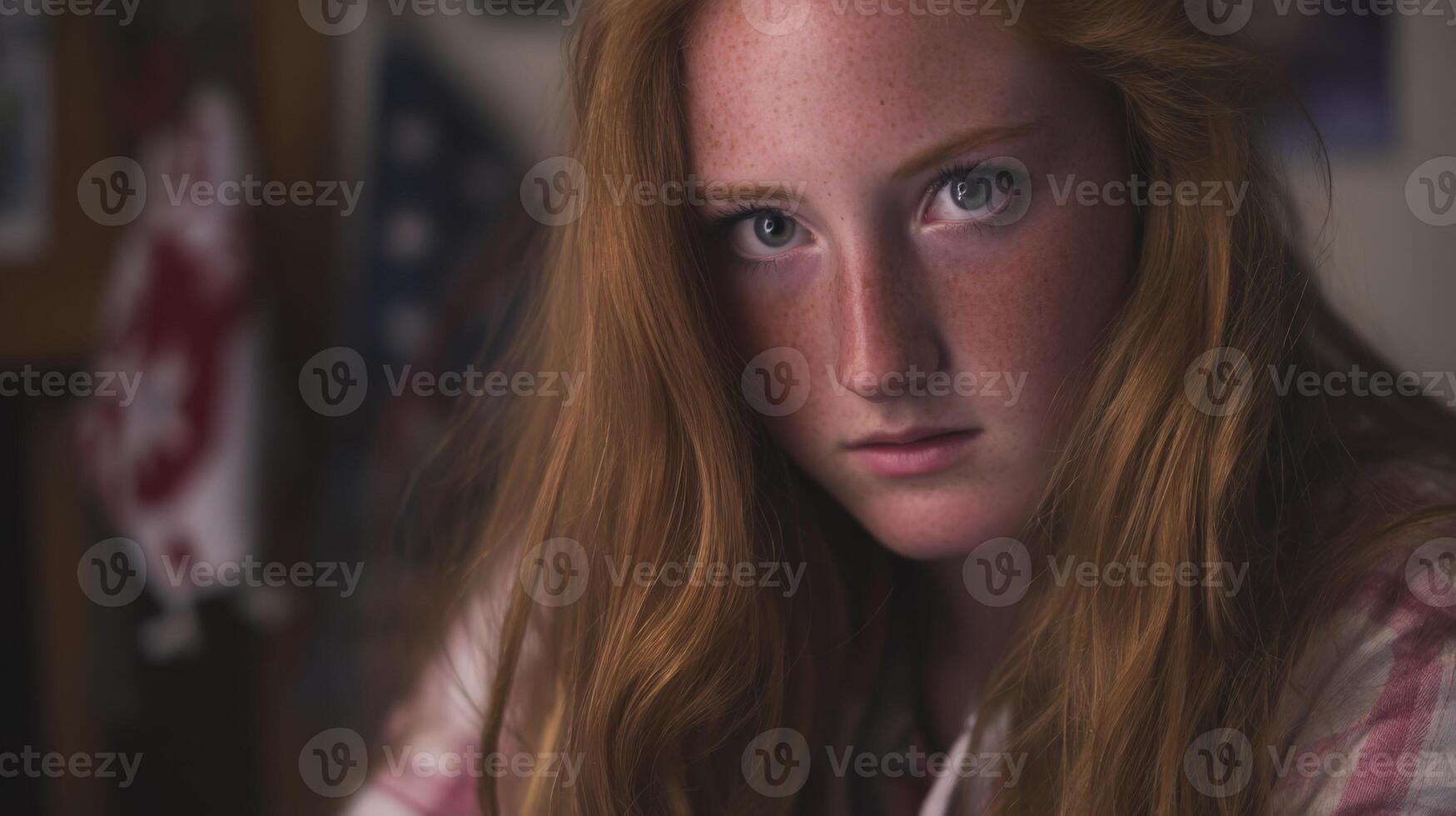 Dramatic Portrait of a Young Redhead Woman with Freckles Low Key Lighting photo