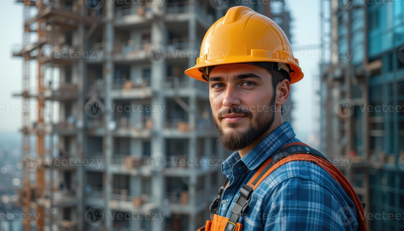 Construction Worker in Hard Hat at Modern Building Site photo