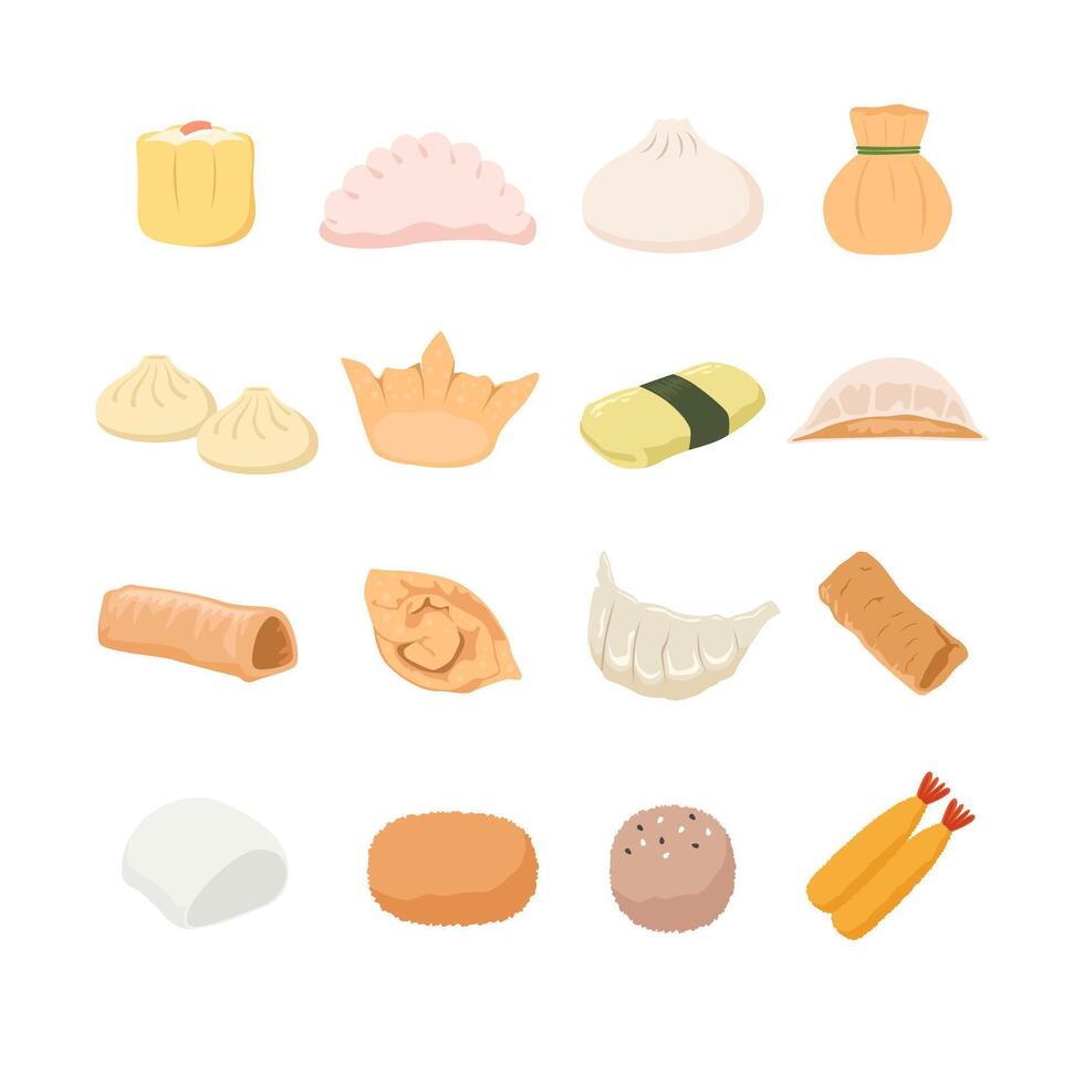 Assorted Dim Sum and Asian Dumplings in Cute Flat Illustration vector