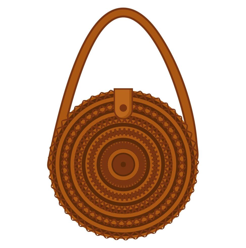 Intricate Round Rattan Bag with Ethnic Craft Design vector