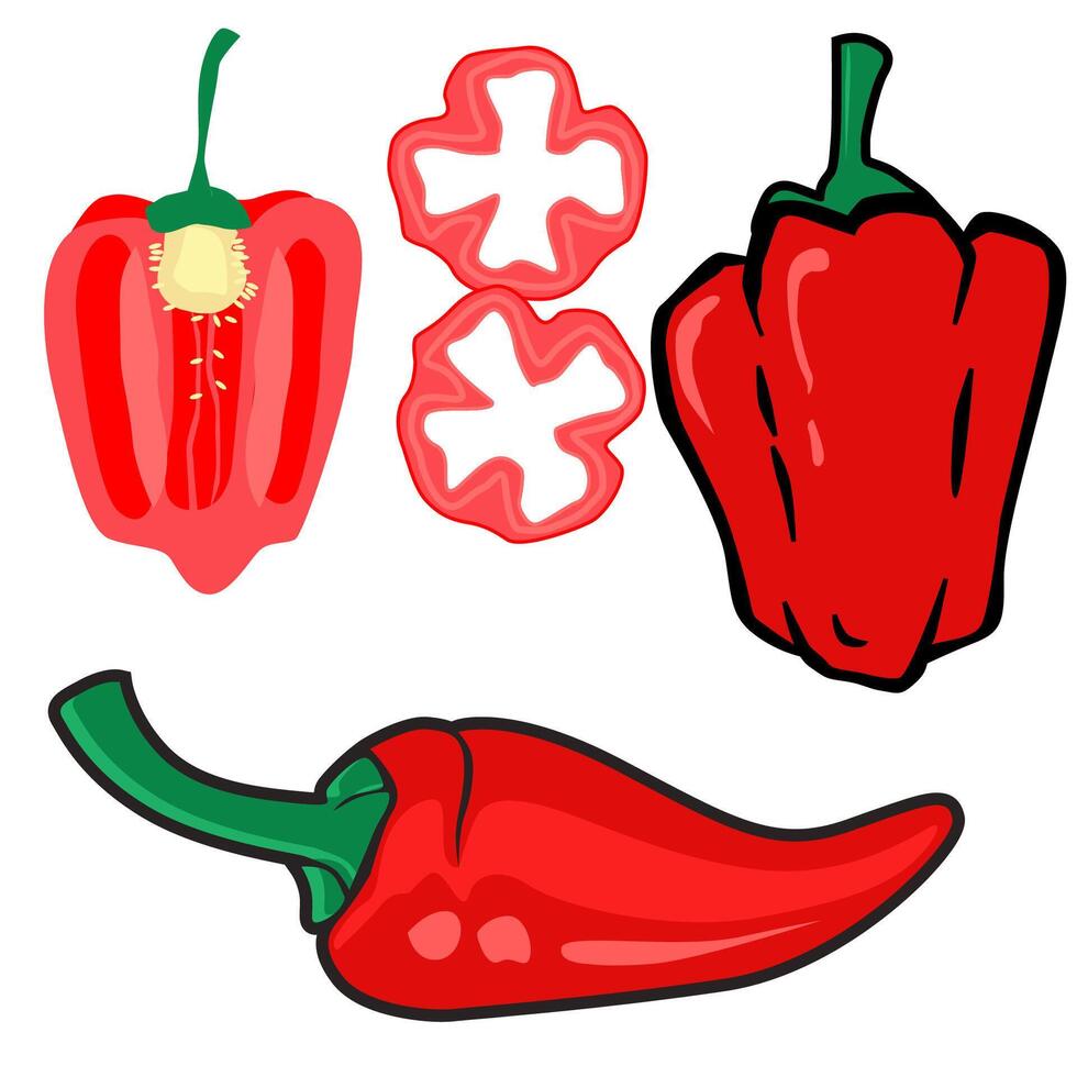 Illustrative depiction of red bell peppers and a chili pepper in various forms vector