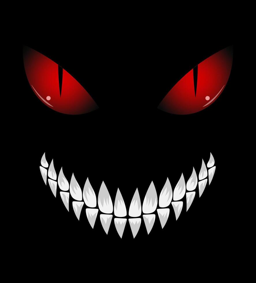 sinister face outlined with a wide toothy grin and piercing red eyes on a black background, evoking illustration vector