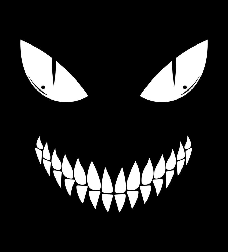 stylized of a sinister grinning face with sharp teeth and piercing eyes on a black background, conveying a sense of horror mystery illustration vector