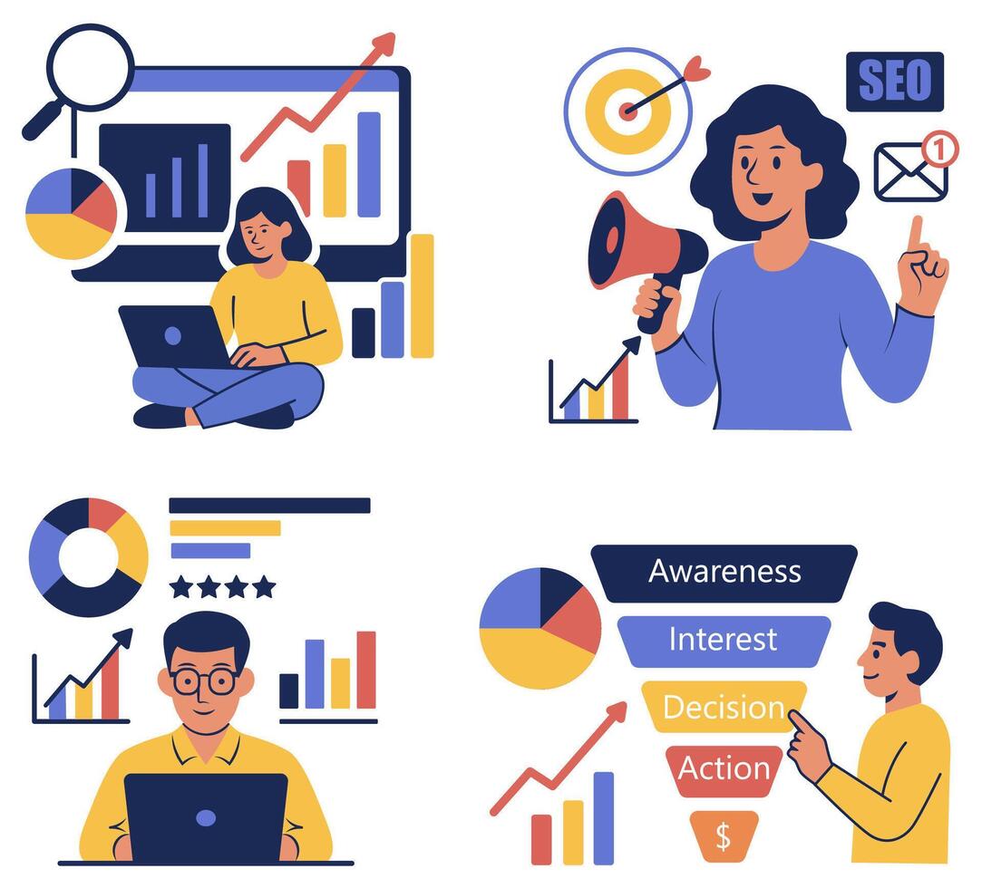 illustration depicts scenes of individuals analyzing data with charts and graphs, using laptops, and explaining marketing concepts. Facial expressions show focus and enthusiasm vector