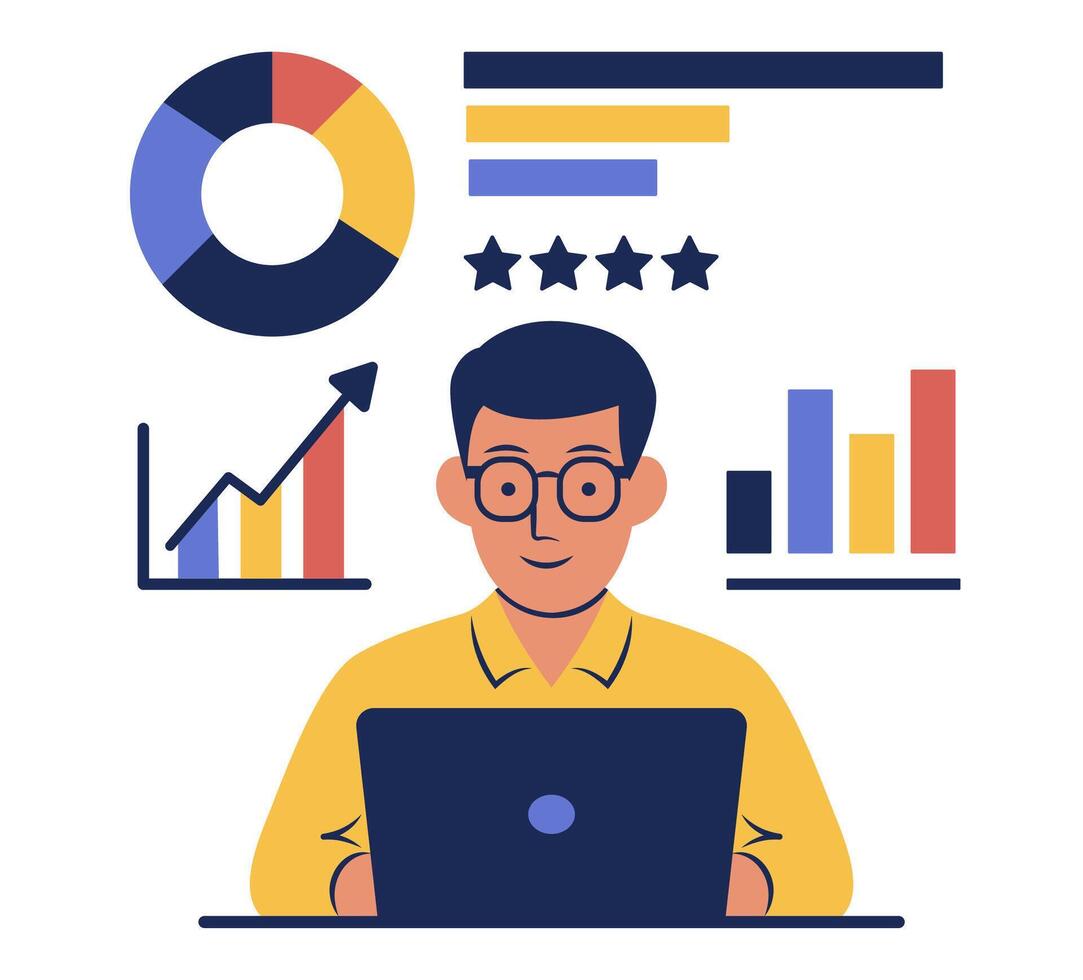 illustration depicts scenes of individuals analyzing data with charts and graphs, using laptops, and explaining marketing concepts. Facial expressions show focus enthusiasm vector