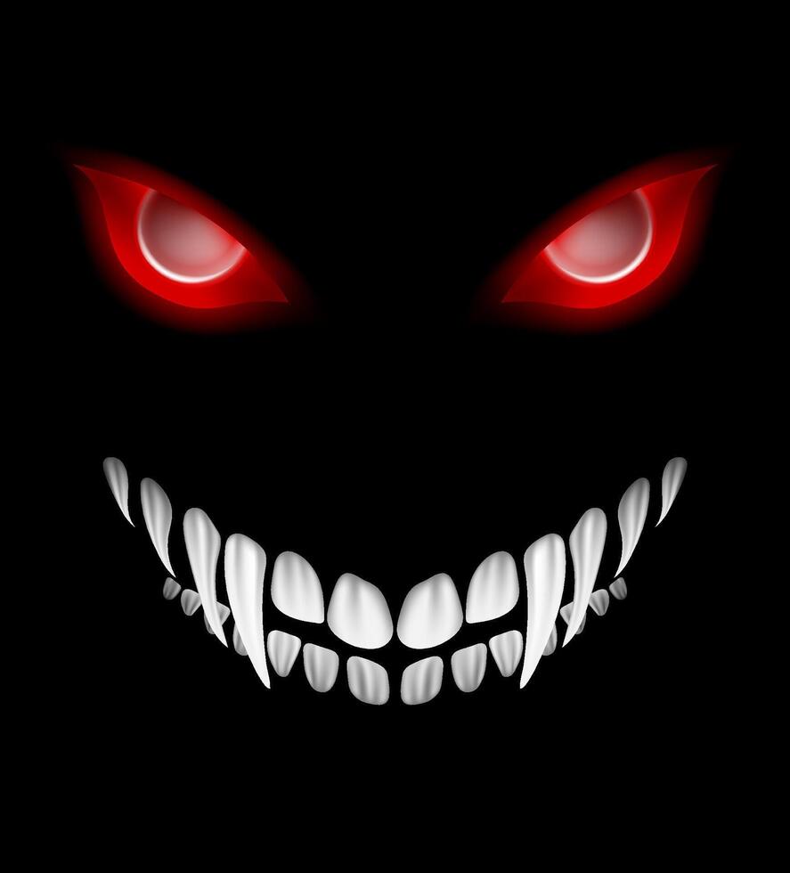 sinister face outlined with a wide toothy grin and piercing red eyes on a black background, evoking an eerie and menacing feeling illustration vector