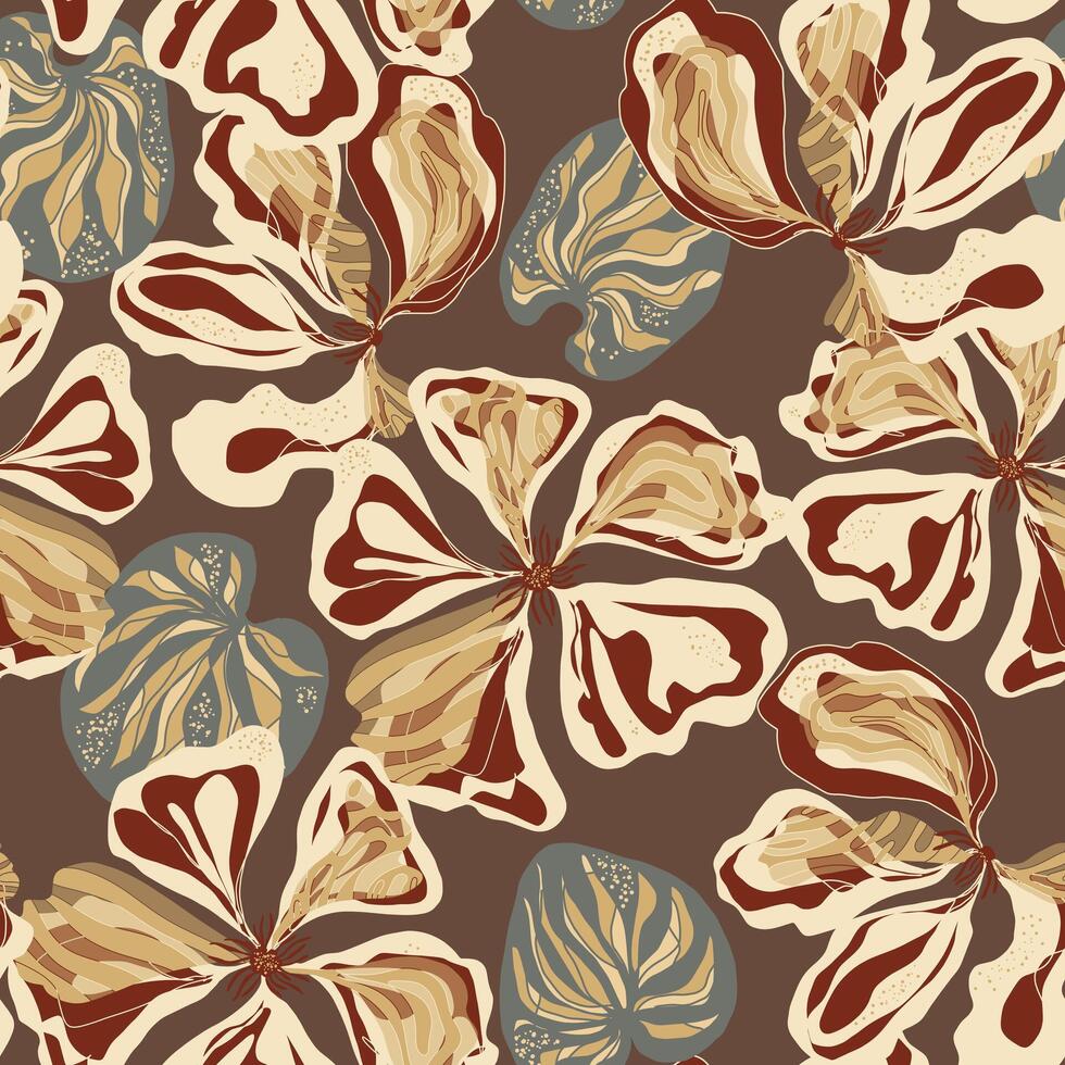 a brown and blue, floral pattern on a brown background vector