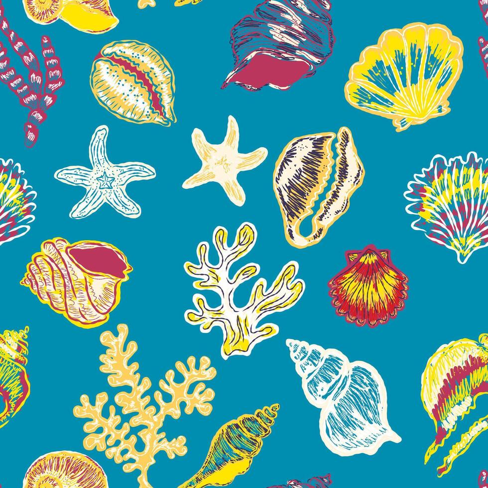 seamless pattern with sea shells and corals vector