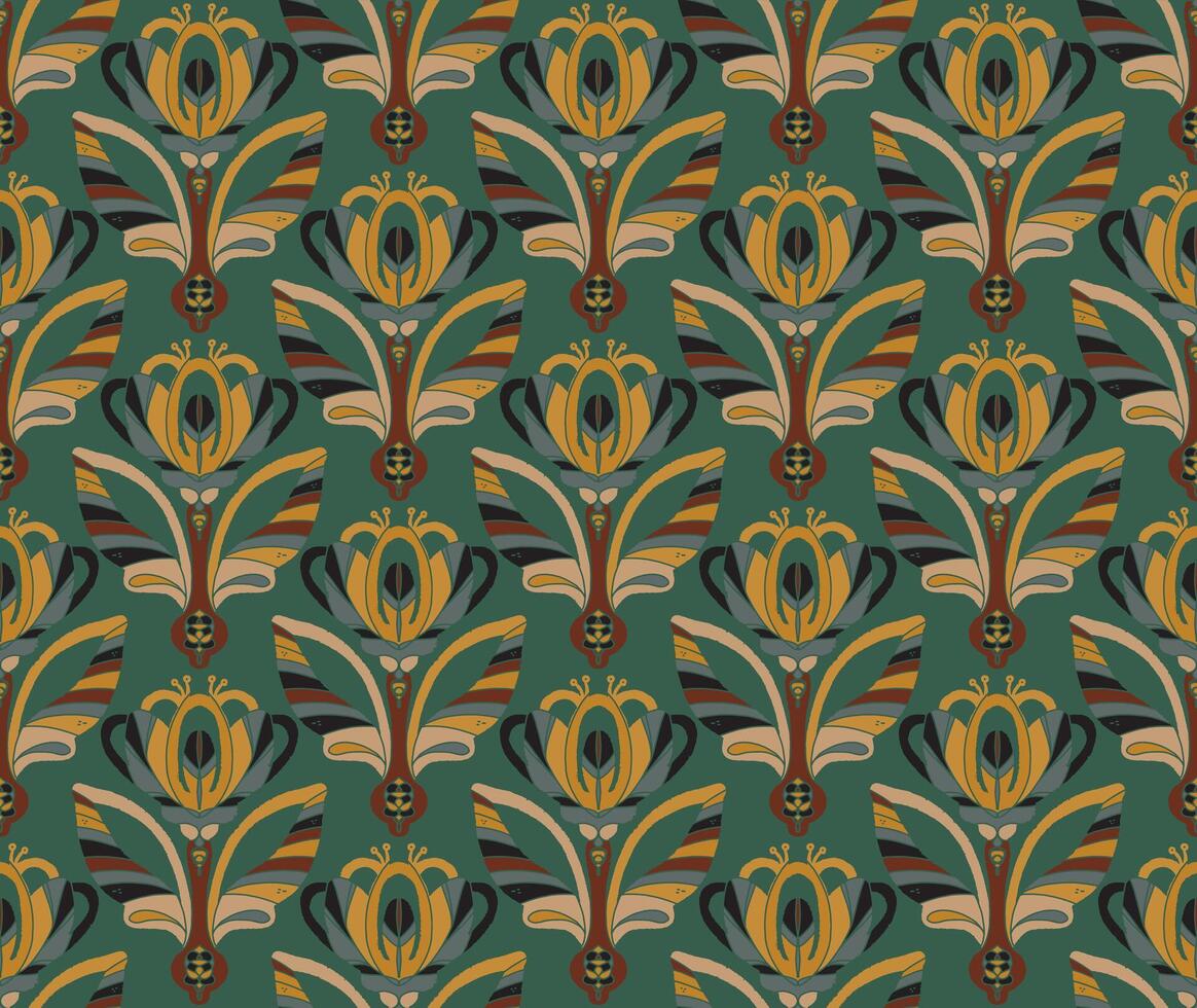 a green and gold pattern with flowers vector