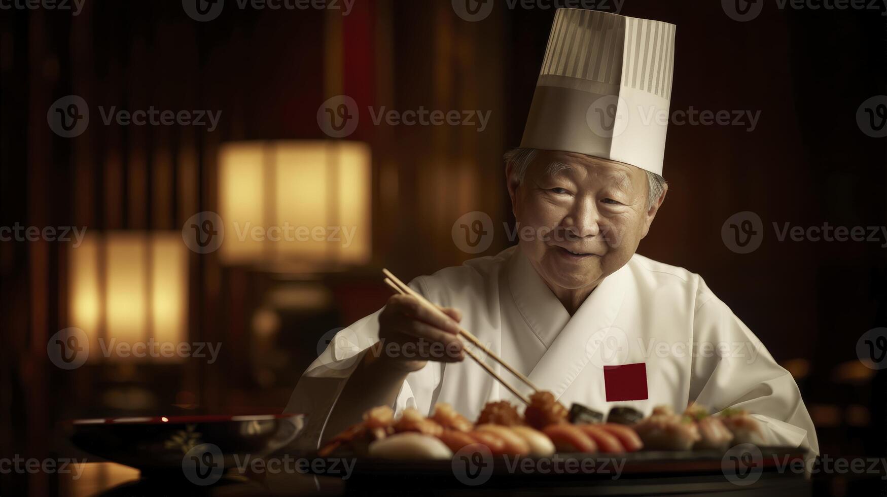 Smiling Senior Chef Tasting Sushi In Restaurant photo