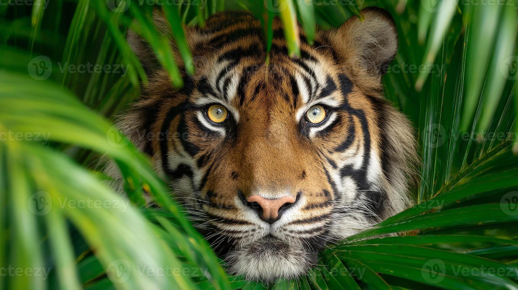 Closeup Portrait of a Tiger Hidden in Lush Green Jungle Foliage photo