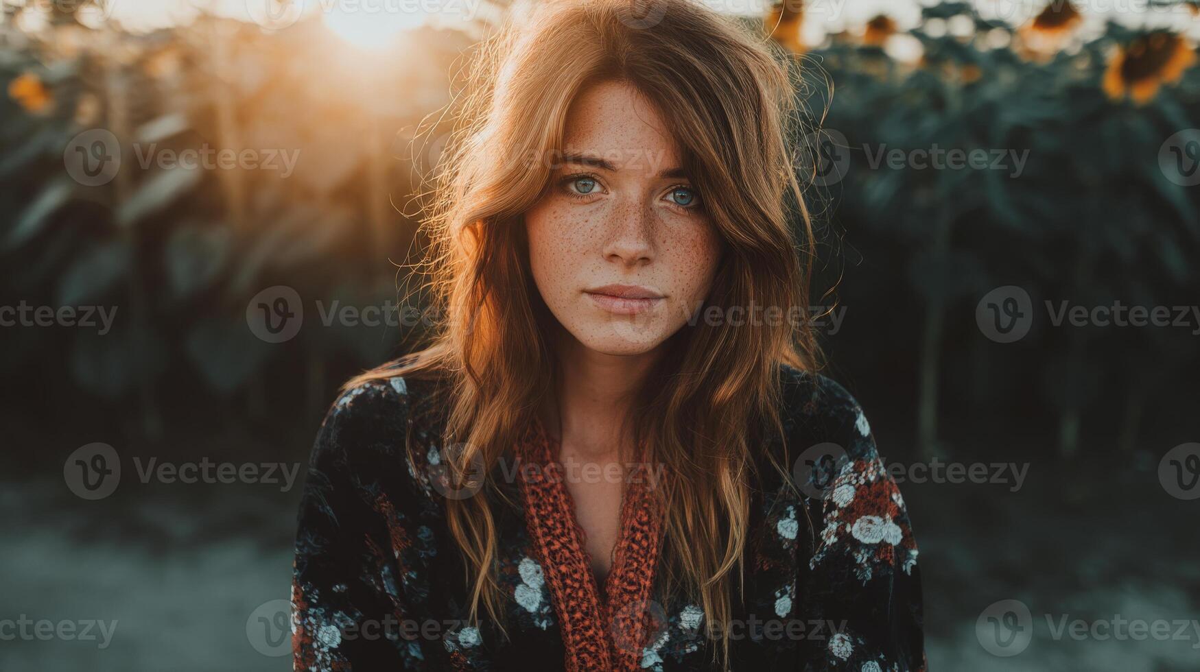 Golden Hour Portrait of a Young Woman with Freckles and Flowing Red Hair in a Sunflower Field photo