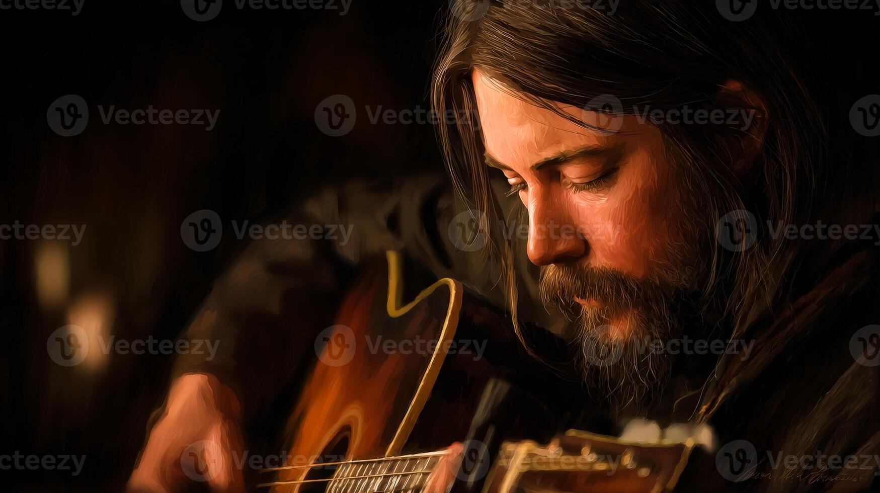Close Up Portrait of Bearded Musician Playing Acoustic Guitar in Low Light photo