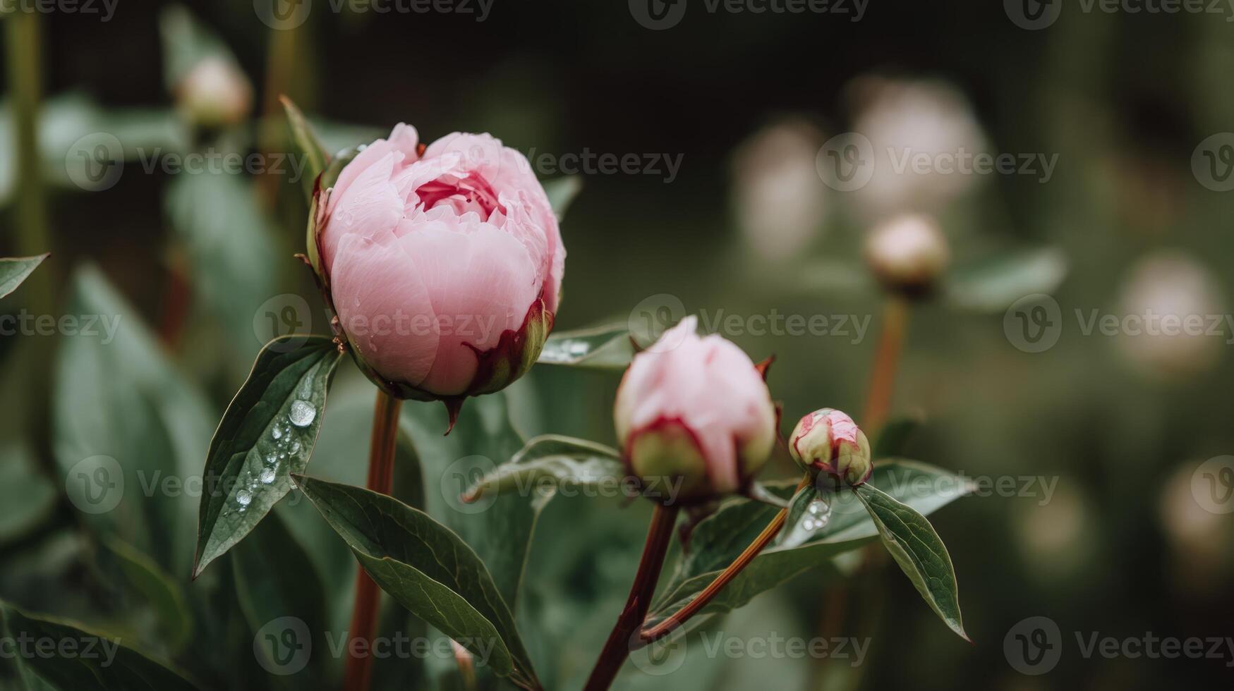 Macro Shot of Blooming Pink Peonies with Soft Petals and Water Drops photo