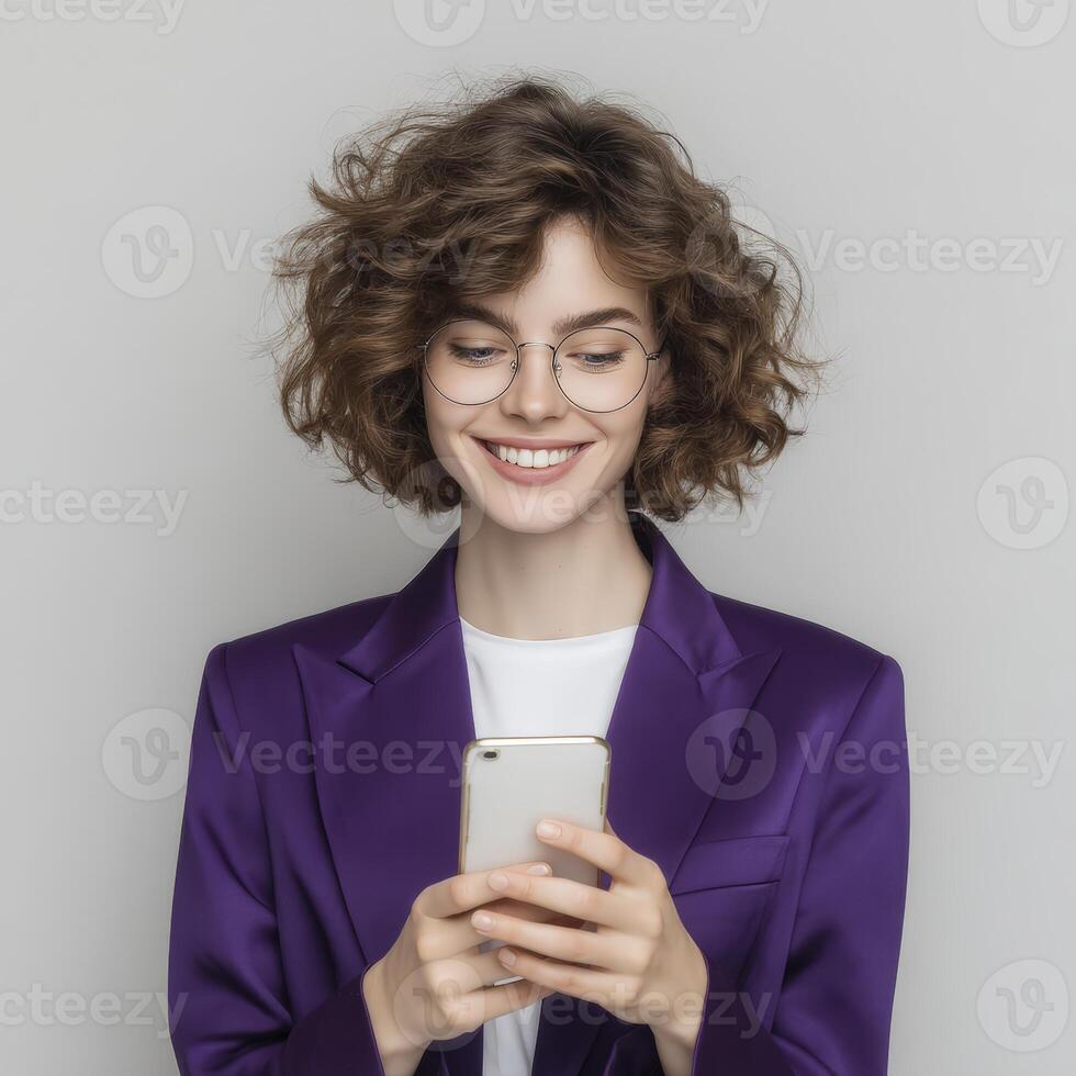Smiling Woman in Purple Blazer Using Smartphone photo