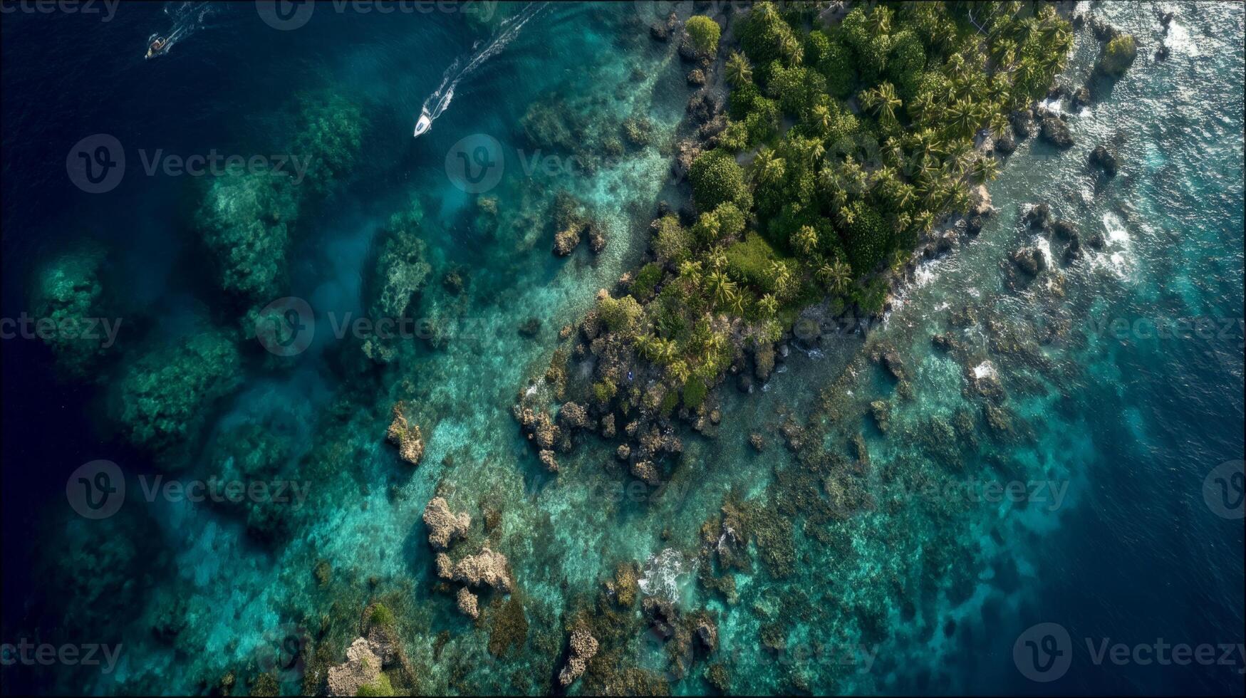 Aerial View of Vibrant Coral Reef and Tropical Fish in Turquoise Water photo