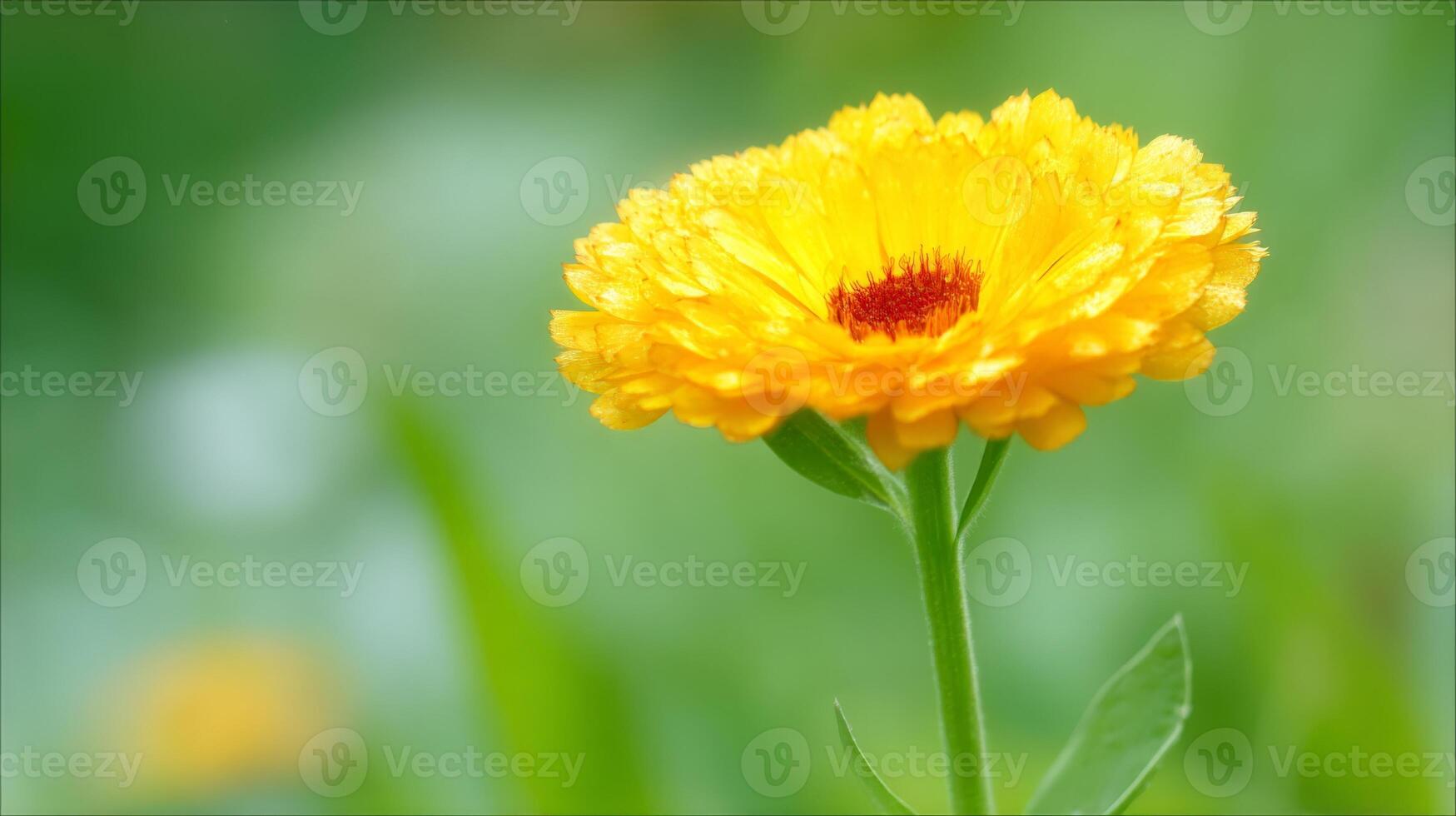 Macro Close up of Vibrant Yellow Daisy in Bloom with blur garden photo