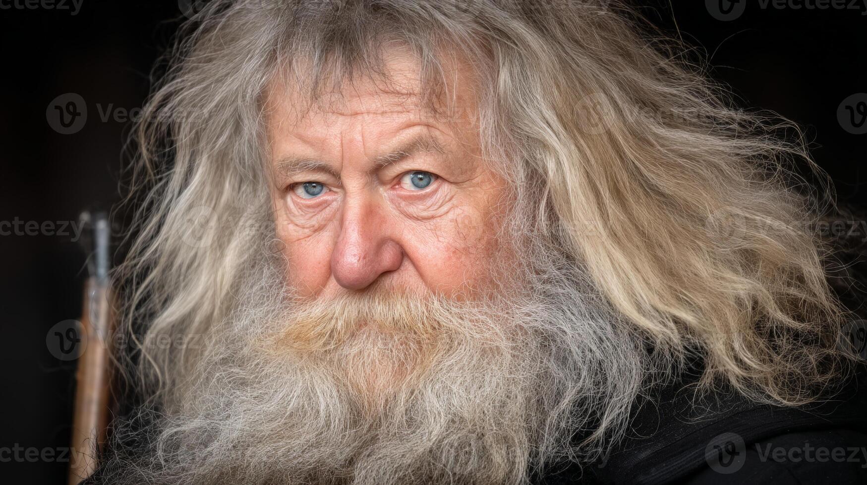 Close Up Portrait of Elderly Man with Long Gray Hair and Beard photo