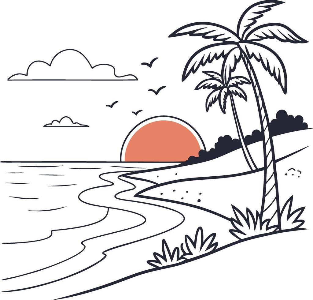 a beach scene with palm trees and a sunset vector