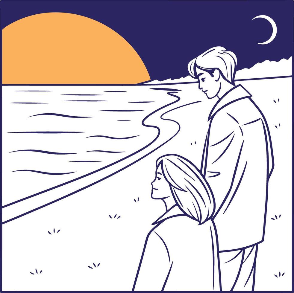 Man and woman standing on the beach looking at the ocean vector