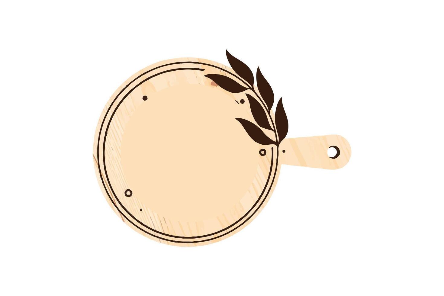 Beige Wooden Cutting Board with Laurel Leaves for Kitchen Branding, Food Blog Illustration, Rustic Home Decor Design vector