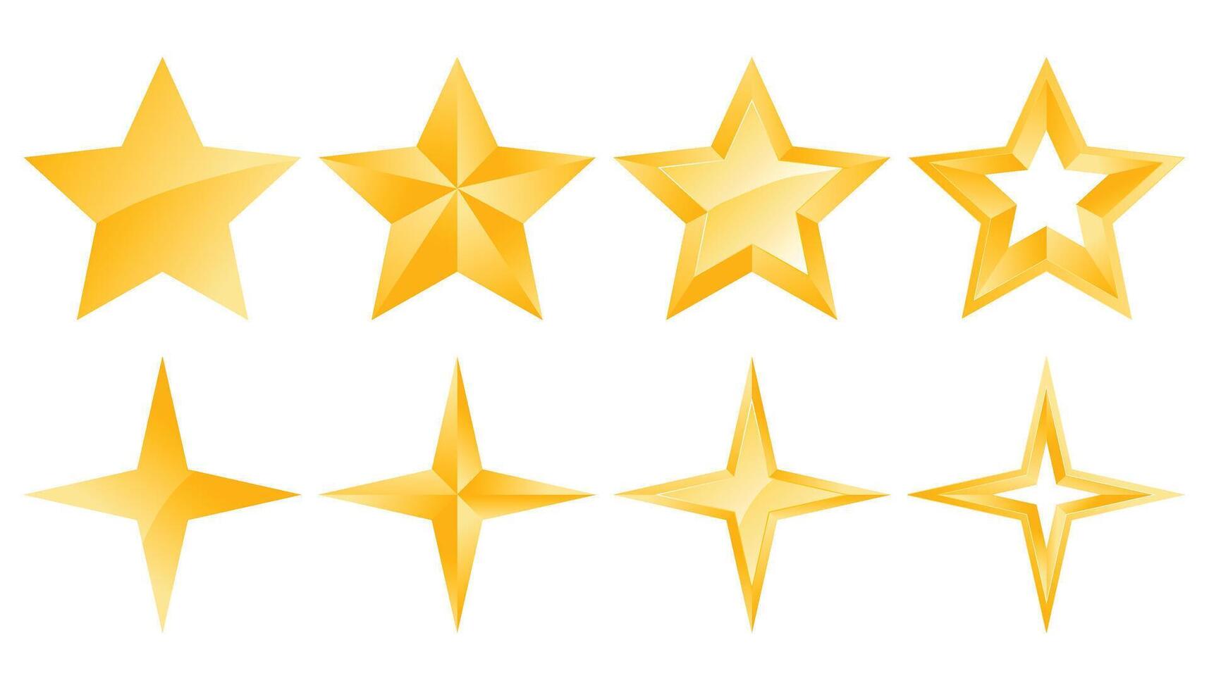 Star shape for award, rating, vote and success insignia set. Glossy feedback, shining prize or golden quality ranking symbol different form isolated on white background. vector